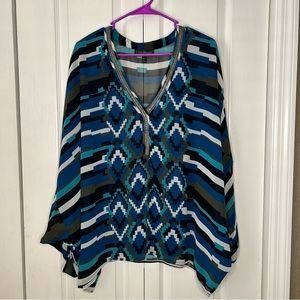 Lane Bryant blue print semi sheer dolman sleeve blouse size 14/16